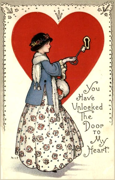 Vintage Valentine greeting cards: drawing of woman inserting big key into a heart's keyhole.