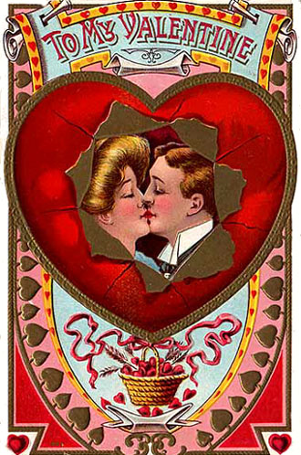 Free Vintage Valentine Cards: Victorian couple kissing inside red heart.