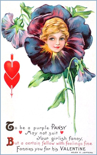 Woman's head inside a flower, a purple pansy. Beautiful Valentines Day postcards.