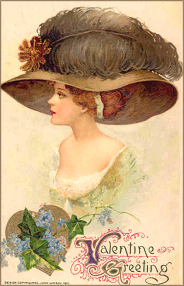Free Valentine cards: Profile portrait of pretty woman with a big hat which has a very big feather.
