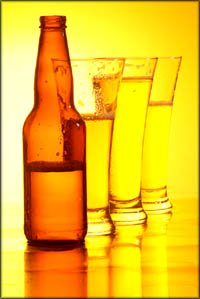 Beer bottle and beer glasses.