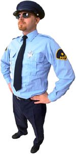 Costumes fun for Valentines: Tough guy dressed up as a policeman.