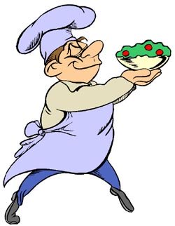 Very short jokes: Funny drawing of French chef carrying a salad.