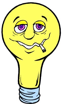 Funny drawing of light bulp with face and a cigarette in mouth.